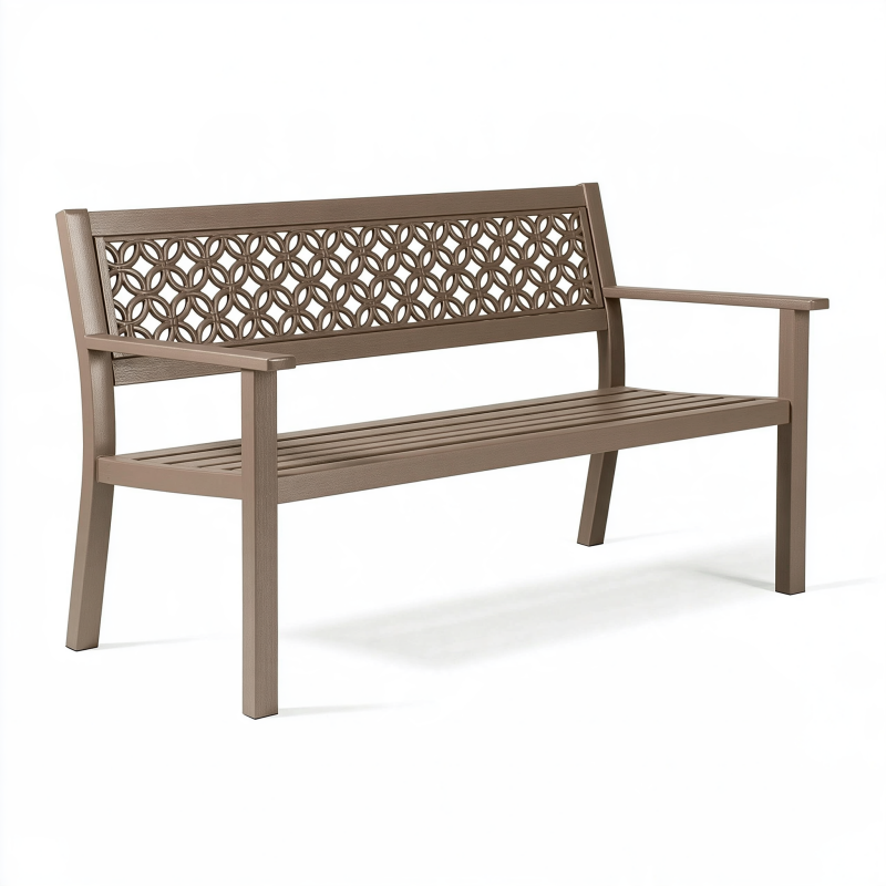 Gartenbank 122 x 65 x 85 cm aus Kunststoff in Taupe mit Armlehnen und Ornamentrückenlehne