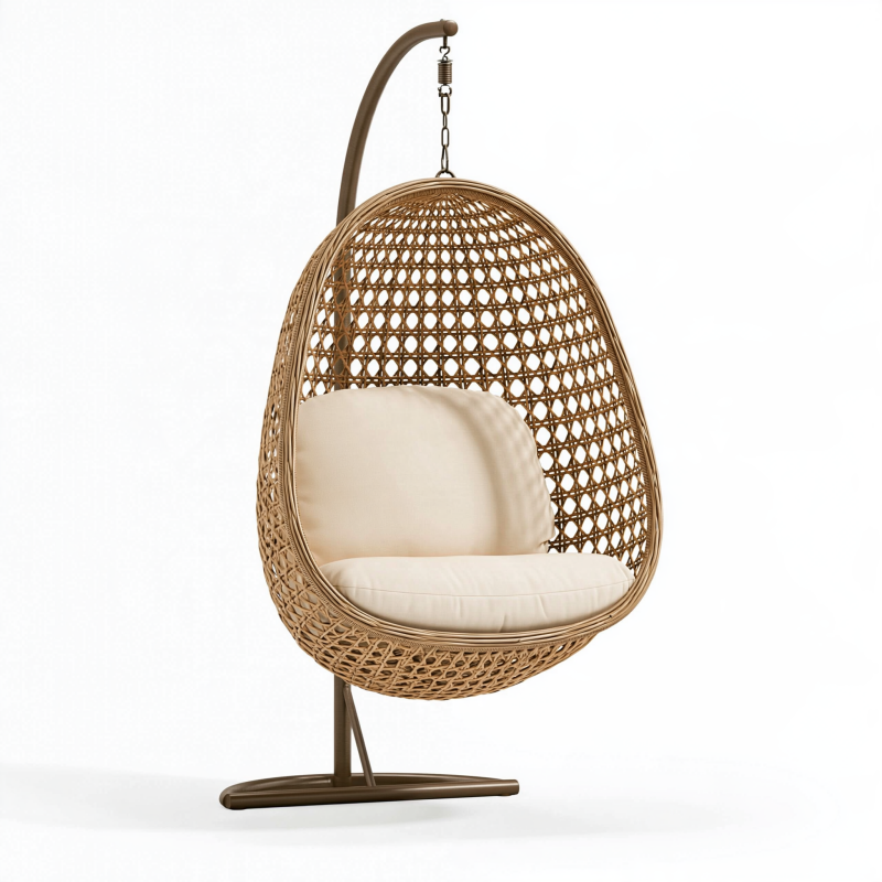 Hängesessel 105 x 105 x 195 cm aus Rattan und Stahl in Naturbraun Creme freistehend
