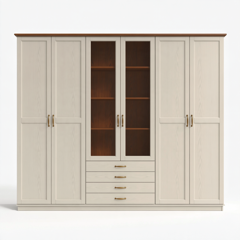 Kleiderschrank 240 x 60 x 220 cm Cremebraun Holzwerkstoff mit Glastüren und Schubladen Klassisch