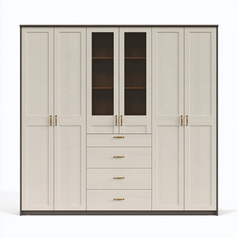 Kleiderschrank 300 x 60 x 220 cm Holzwerkstoff Cremeweiß mit Glastüren und Schubladen klassisch