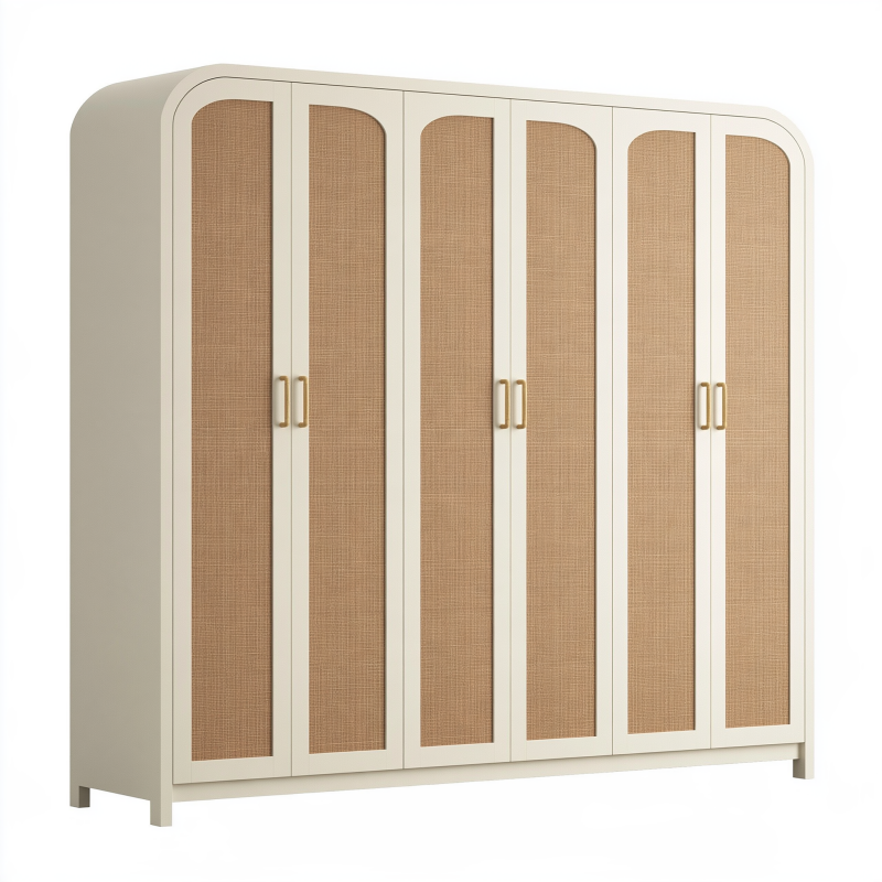 Kleiderschrank 240 x 60 x 200 cm Holz Rattangeflecht Creme Natur Boho Aufbewahrung