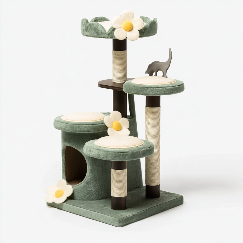 Kratzbaum 60 x 50 x 120 cm aus Plüsch und Sisal Grün für Katzen mit Höhle und Liegeflächen