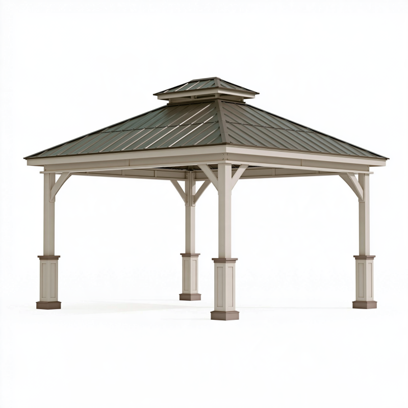 Pavillon 400 x 300 cm aus Holz und Metall in Beige Anthrazit mit Doppeldach für den Außenbereich