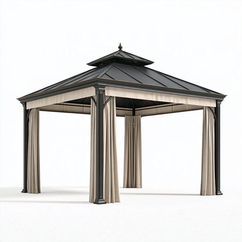 Pavillon 300 x 300 x 290 cm Stahl Beige Schwarz mit Vorhängen klassisch
