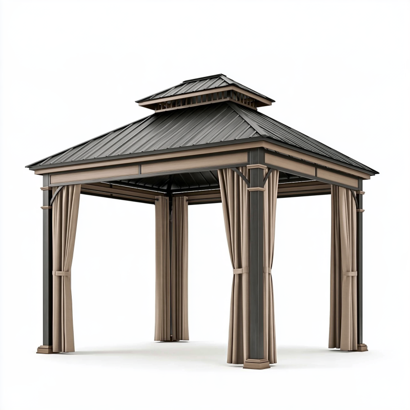 Gartenpavillon 300 x 300 x 290 cm aus Metall in Anthrazit mit Vorhängen und Doppeldach