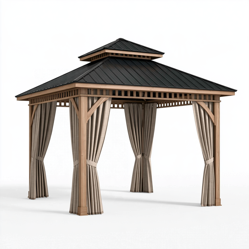 Gartenpavillon 300 x 300 x 290 cm Holz Naturholz mit schwarzem Metalldach und Seitenvorhängen