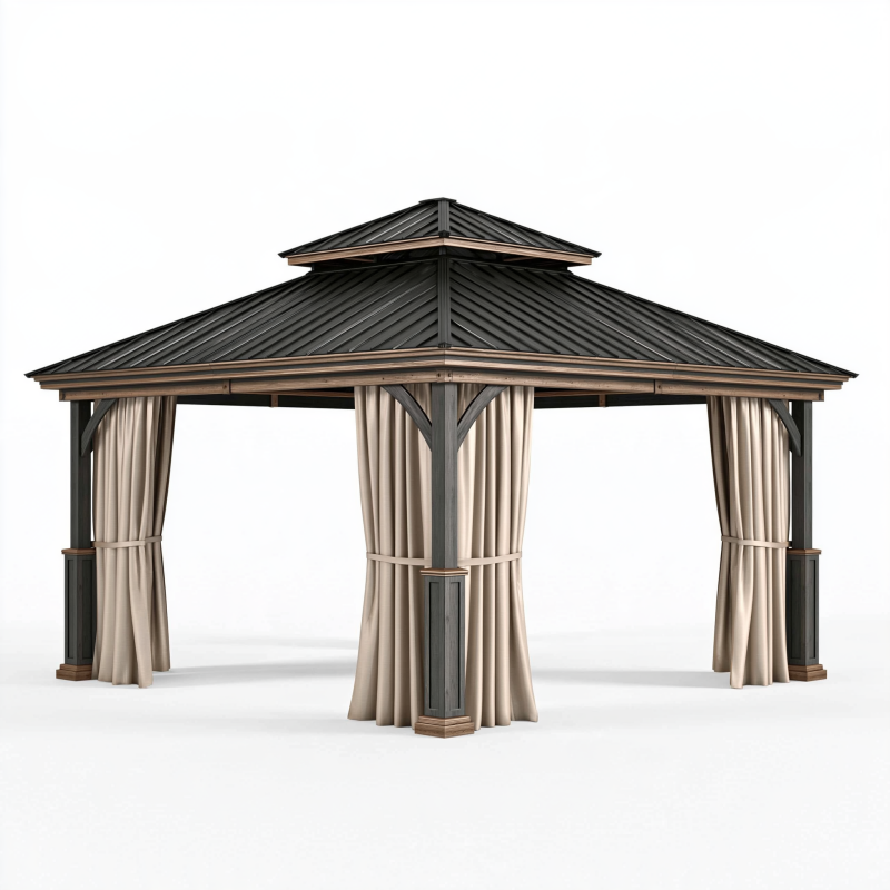 Gartenpavillon 300 x 300 x 300 cm aus Holz und Metall in Schwarz mit Vorhängen