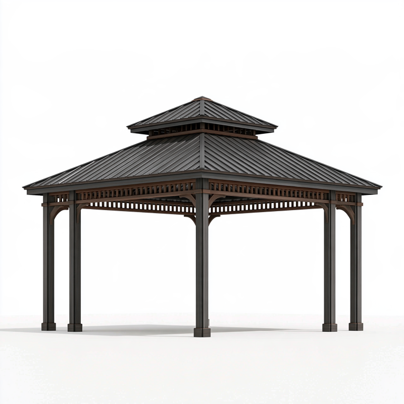 Gartenpavillon 400 x 400 cm aus Metall in Dunkelgrau und Braun mit Doppeldach