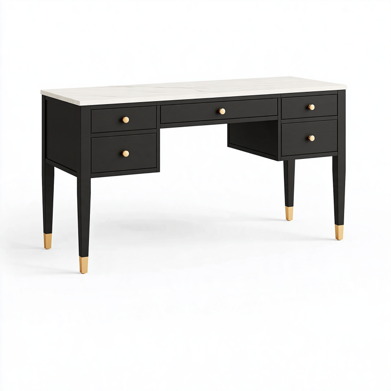 Schreibtisch 140 x 60 x 75 cm Holzwerkstoff Schwarz Weiß mit 5 Schubladen im modernen Stil