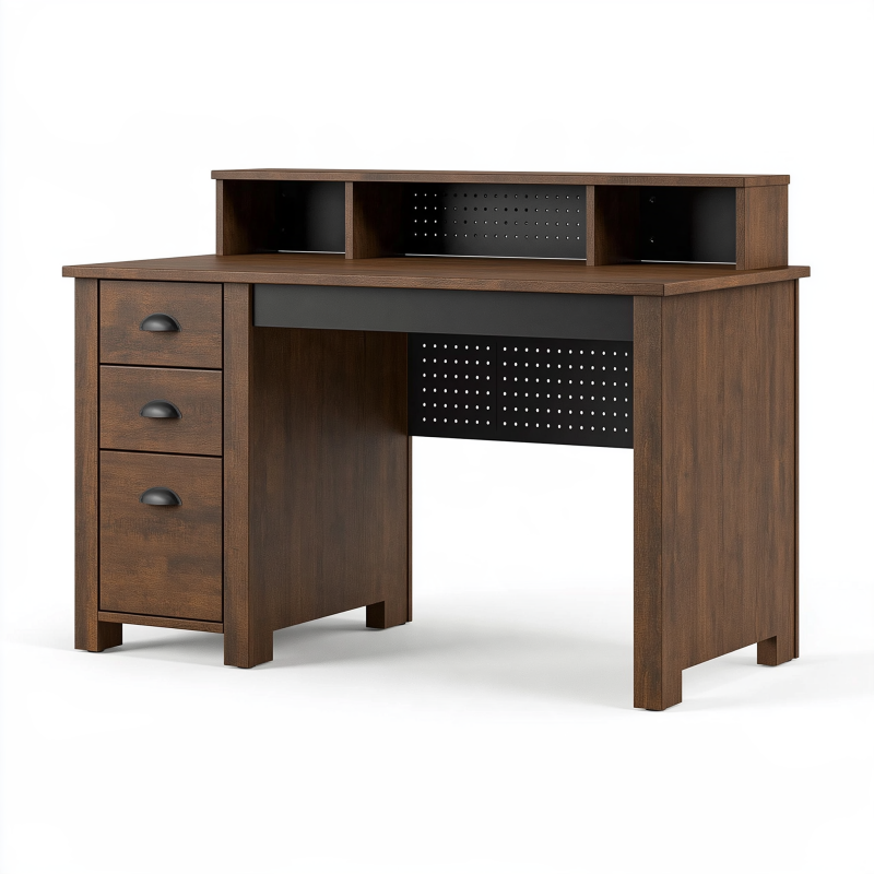 Schreibtisch 120 x 60 x 90 cm in Dunkelbraun aus Holzwerkstoff mit 3 Schubladen und Aufsatz im Industriestil