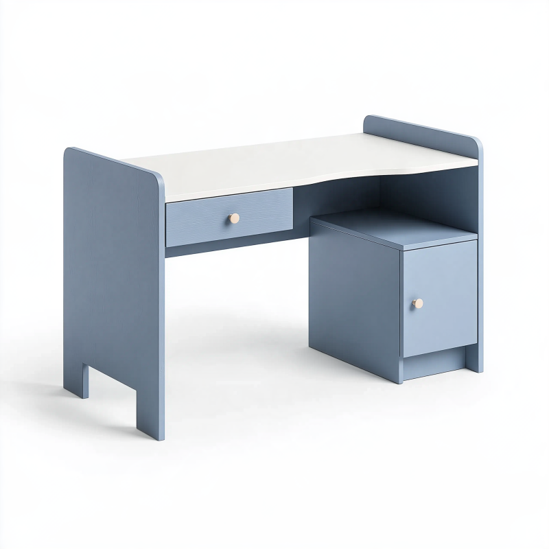 Schreibtisch 120 x 60 x 75 cm aus Holzwerkstoff blau weiß mit Schublade und Schrankfach